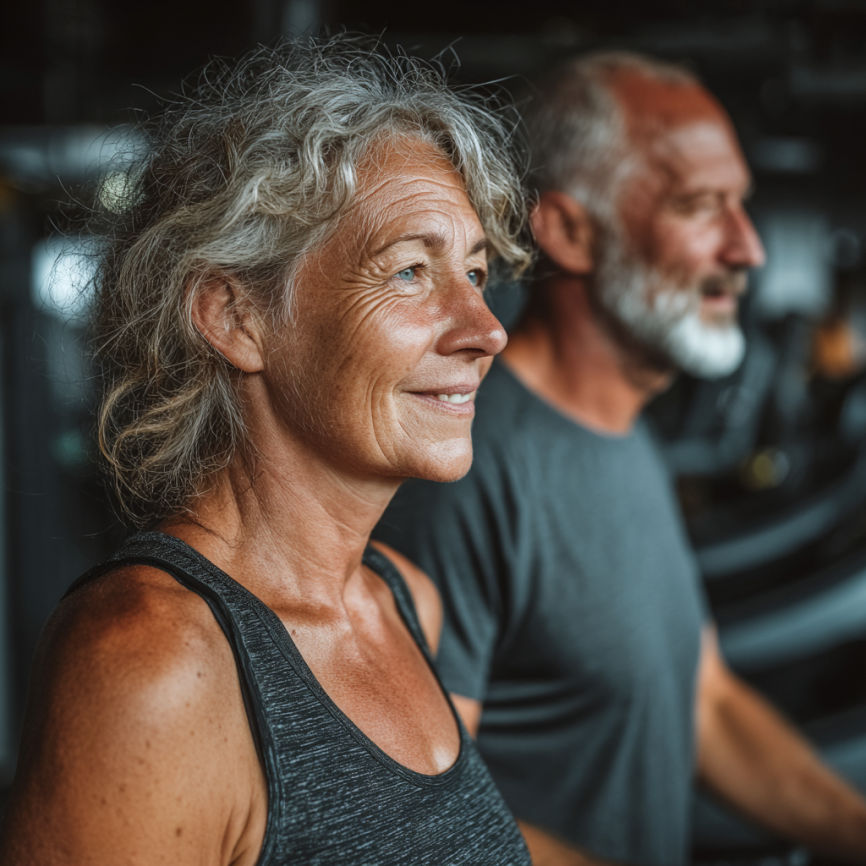 Активні літні люди займаються йогою на свіжому повітрі